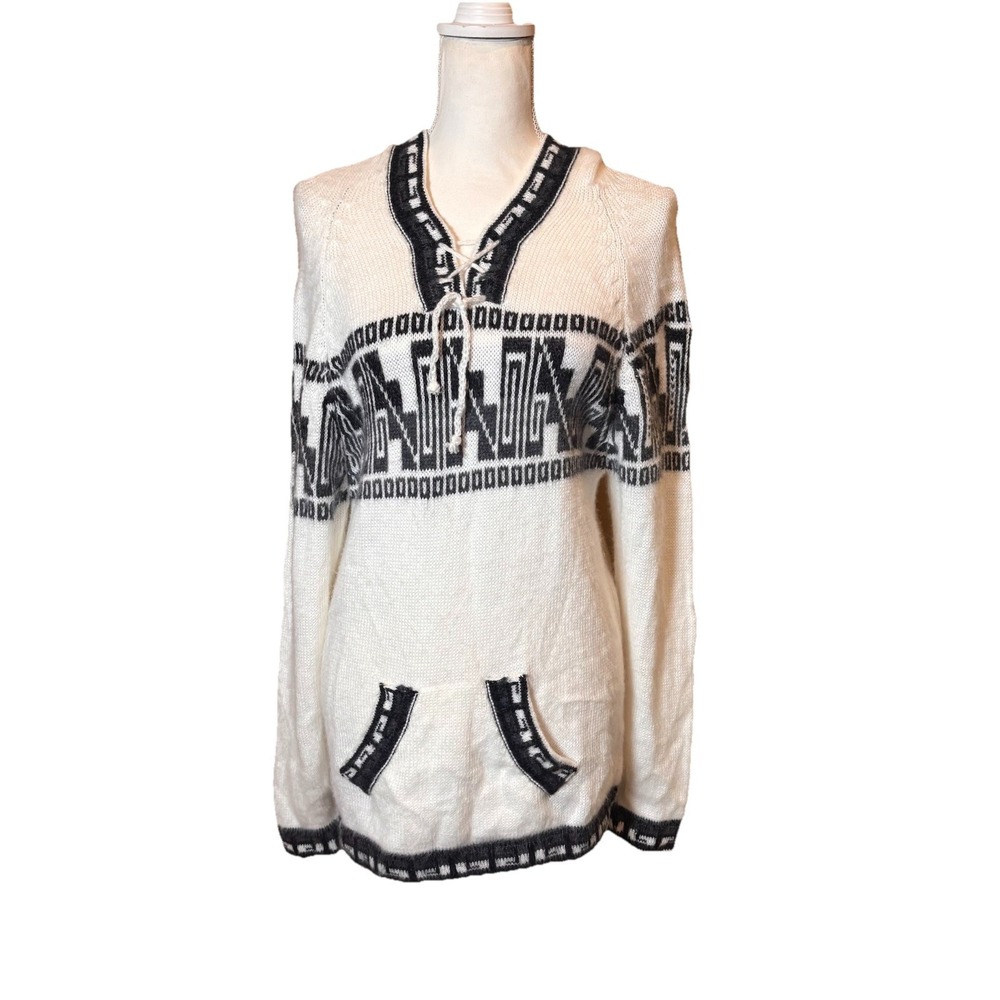 Efrata Global Alpaca Medium Hoodie Sweater‎ Cream Llama Pattern Hooded Pullover